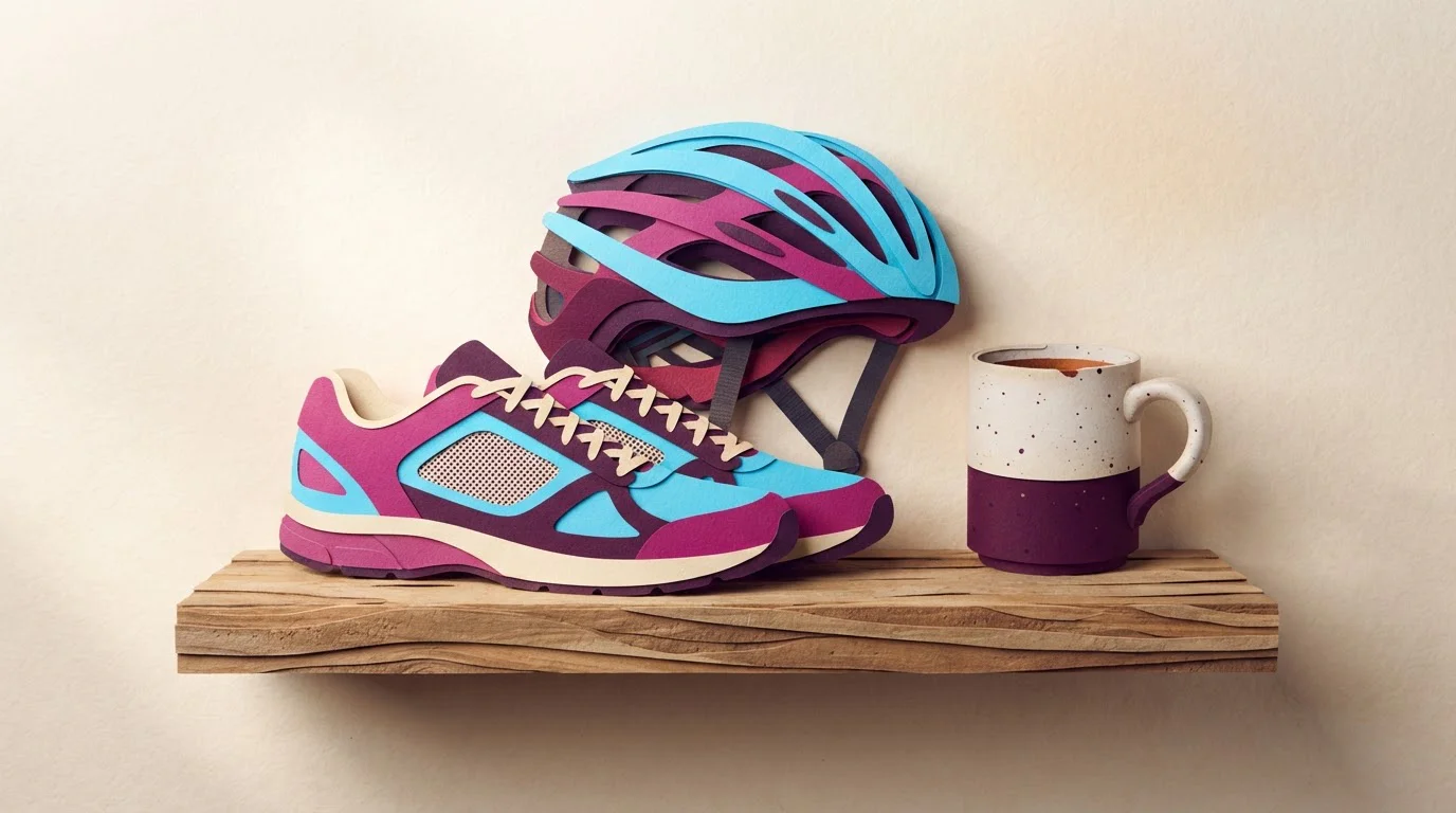 Sportschuhe, Fahrradhelm und Tasse in einem Regal