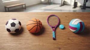 Fußball Tennisball und Basketball auf einer Holzfläche